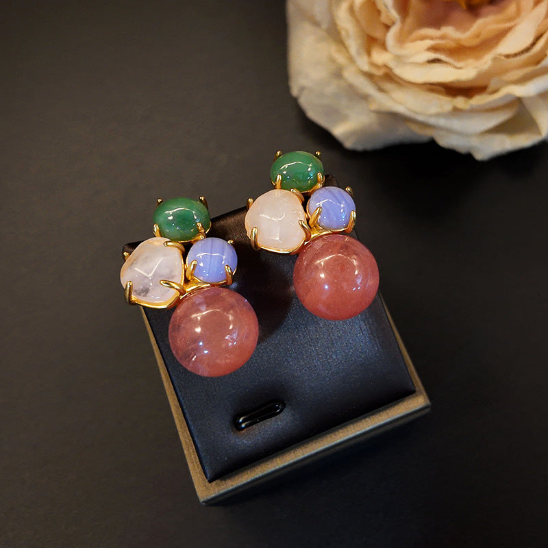 Brass inlaid irregular geometric watermelon stone earrings