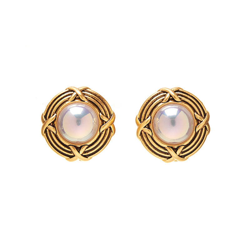 Textured Round Pearl Stud Earrings
