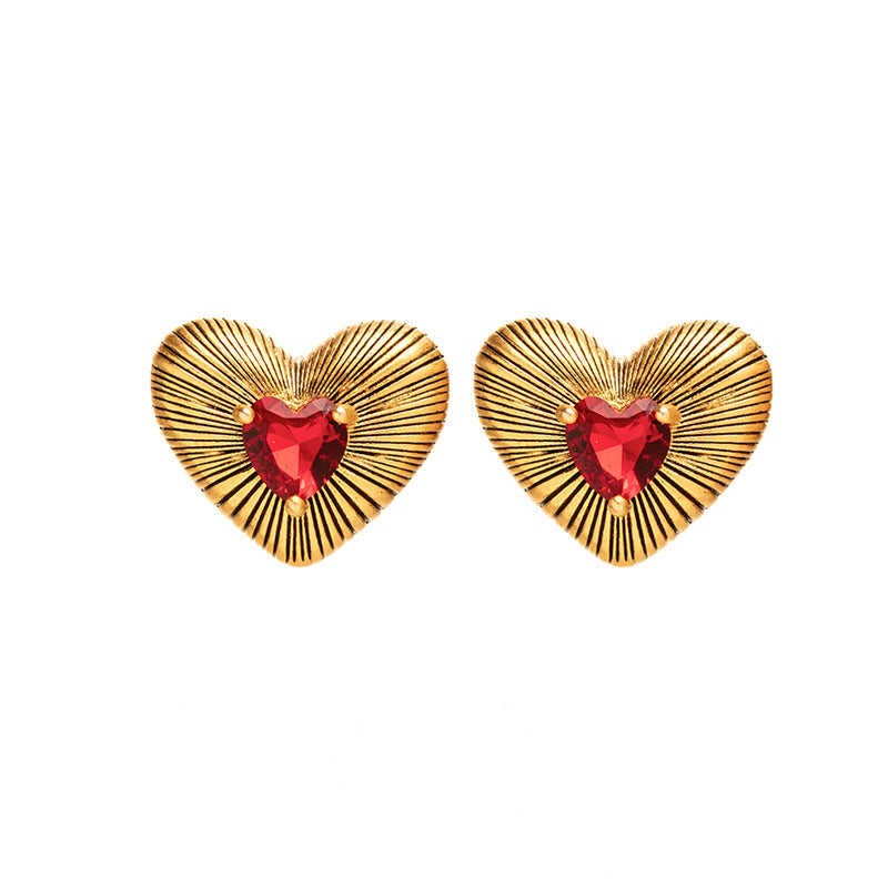 Textured Heart-Shaped Ruby Stud Earrings