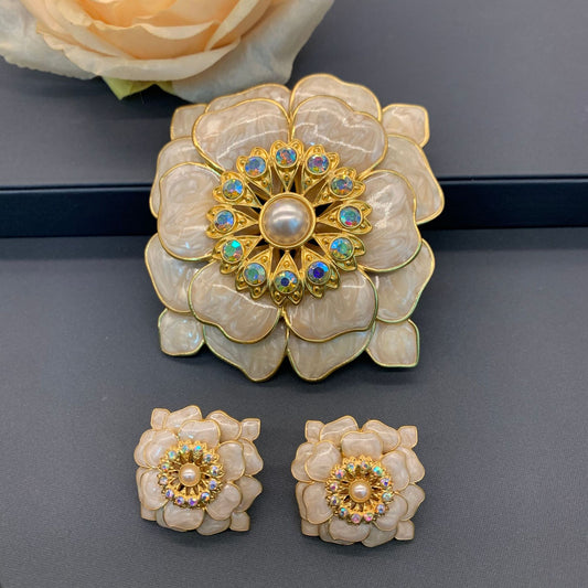 Vintage enamel three-layer three-dimensional petal brooch earrings