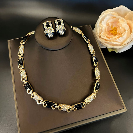Vintage Elegant Black Gold Enamel Earring Necklace Set