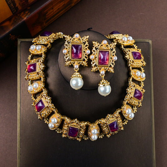 Amethyst Pearl Necklace Earring Set