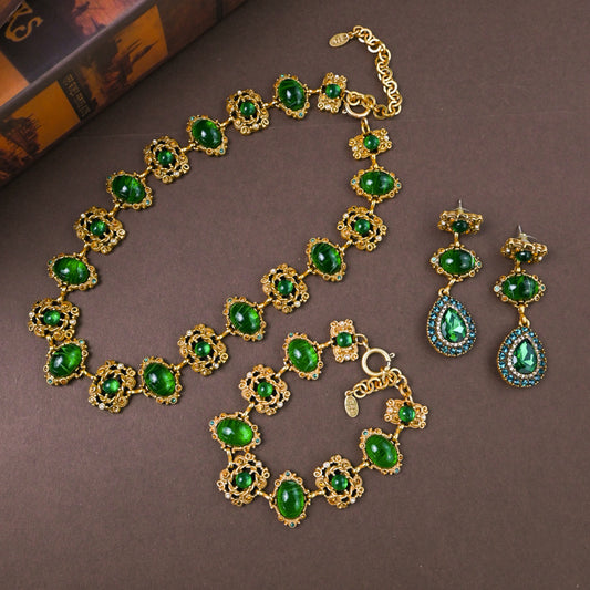 Emerald Openwork Diamond Necklace, Bracelet and Earring Set