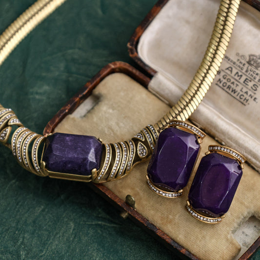 Purple crystal earring necklace set
