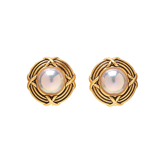 Textured Round Pearl Stud Earrings