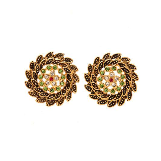 Leaf-set gemstone round earrings